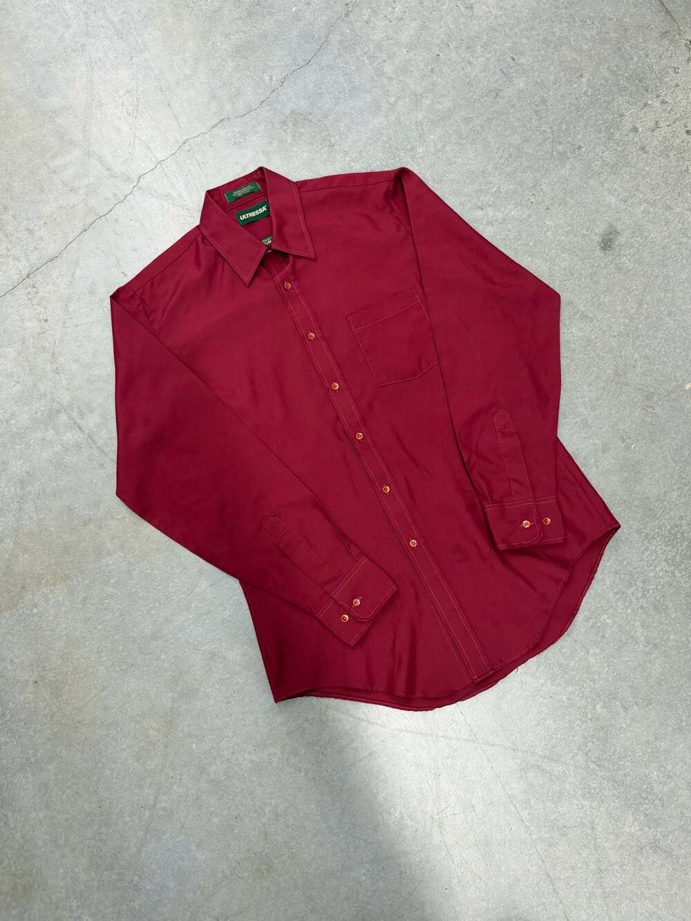 90s Ultressa Long Sleeve Button Down Dress Shirt Maroon Regular Cut Mens 34/35